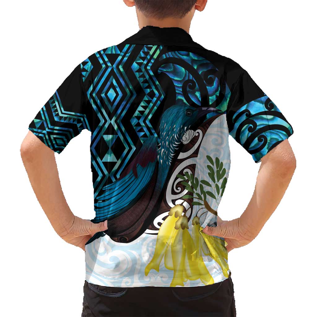 New Zealand Silver Fern Tui Bird Family Matching Off Shoulder Short Dress and Hawaiian Shirt Maori Kowhai Paua Shell Taniko Motifs