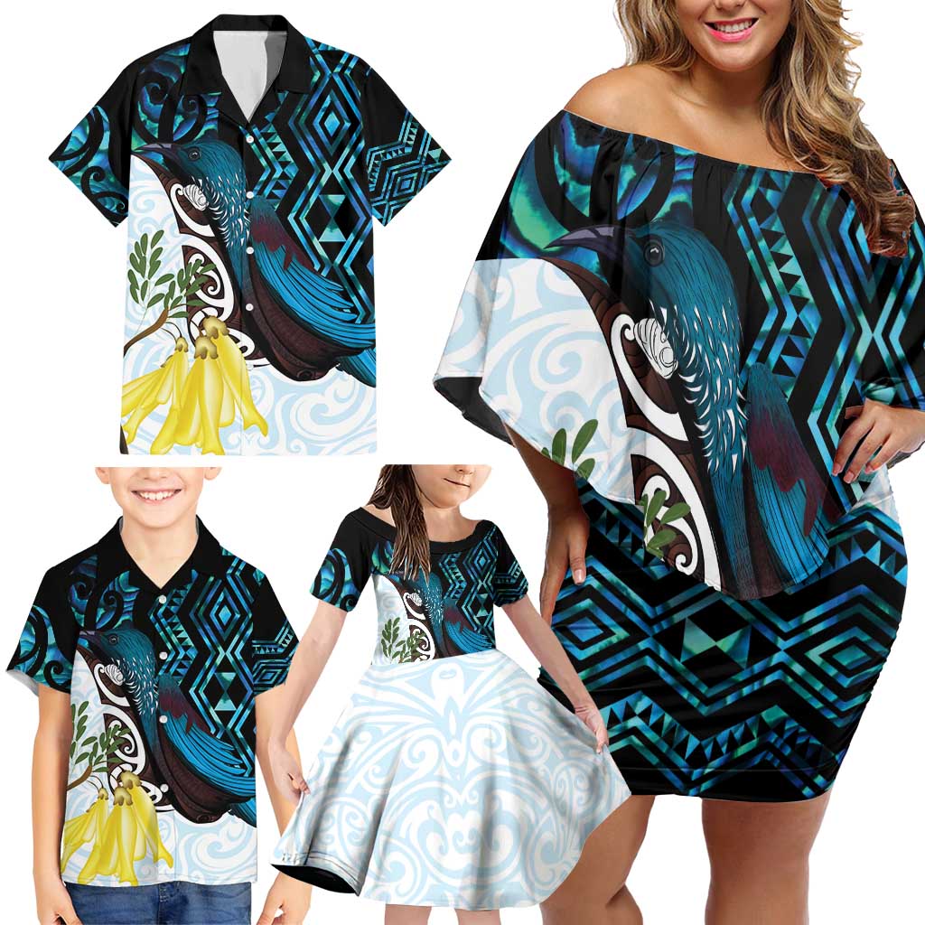 New Zealand Silver Fern Tui Bird Family Matching Off Shoulder Short Dress and Hawaiian Shirt Maori Kowhai Paua Shell Taniko Motifs