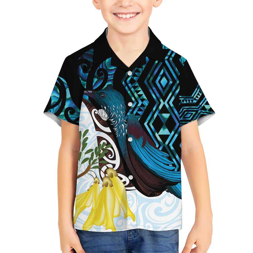 New Zealand Silver Fern Tui Bird Family Matching Off Shoulder Short Dress and Hawaiian Shirt Maori Kowhai Paua Shell Taniko Motifs