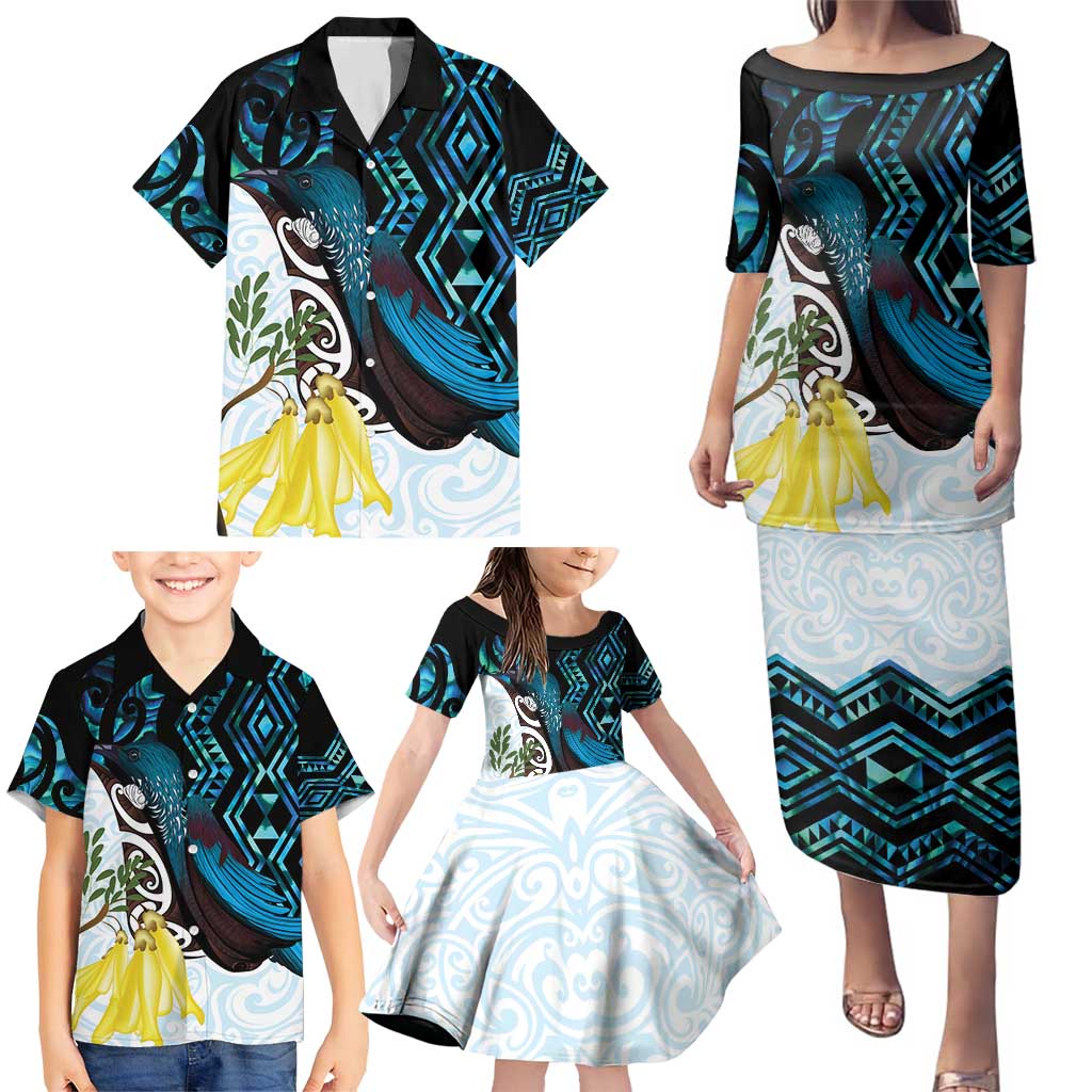 New Zealand Silver Fern Tui Bird Family Matching Puletasi and Hawaiian Shirt Maori Kowhai Paua Shell Taniko Motifs LT14 - Polynesian Pride