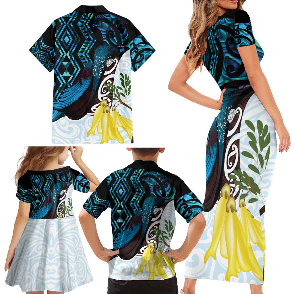 New Zealand Silver Fern Tui Bird Family Matching Short Sleeve Bodycon Dress and Hawaiian Shirt Maori Kowhai Paua Shell Taniko Motifs LT14 - Polynesian Pride
