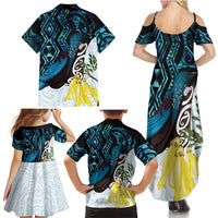 New Zealand Silver Fern Tui Bird Family Matching Summer Maxi Dress and Hawaiian Shirt Maori Kowhai Paua Shell Taniko Motifs LT14 - Polynesian Pride