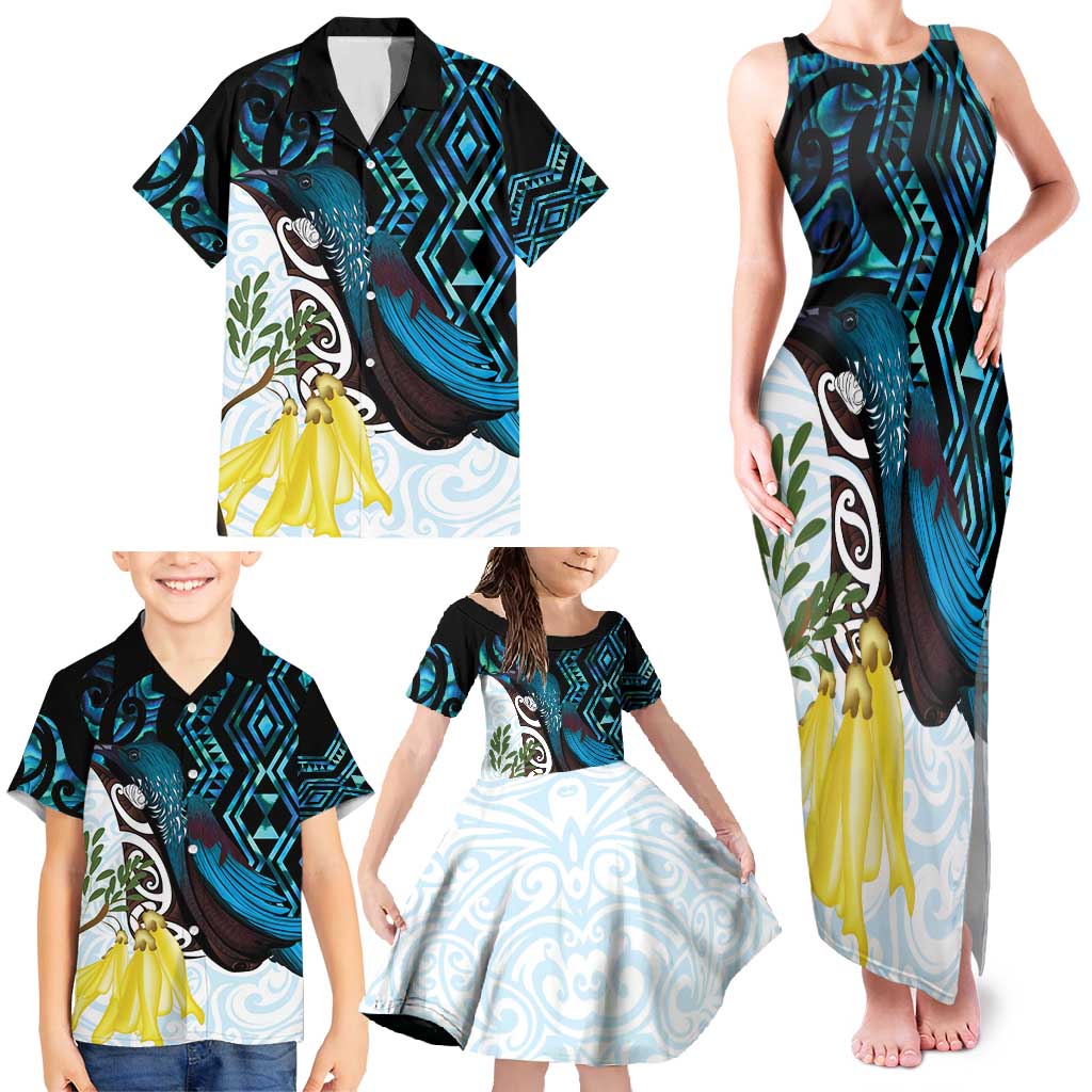 New Zealand Silver Fern Tui Bird Family Matching Tank Maxi Dress and Hawaiian Shirt Maori Kowhai Paua Shell Taniko Motifs LT14 - Polynesian Pride