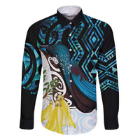 New Zealand Silver Fern Tui Bird Family Matching Tank Maxi Dress and Hawaiian Shirt Maori Kowhai Paua Shell Taniko Motifs LT14 Dad's Shirt - Long Sleeve Turquoise - Polynesian Pride