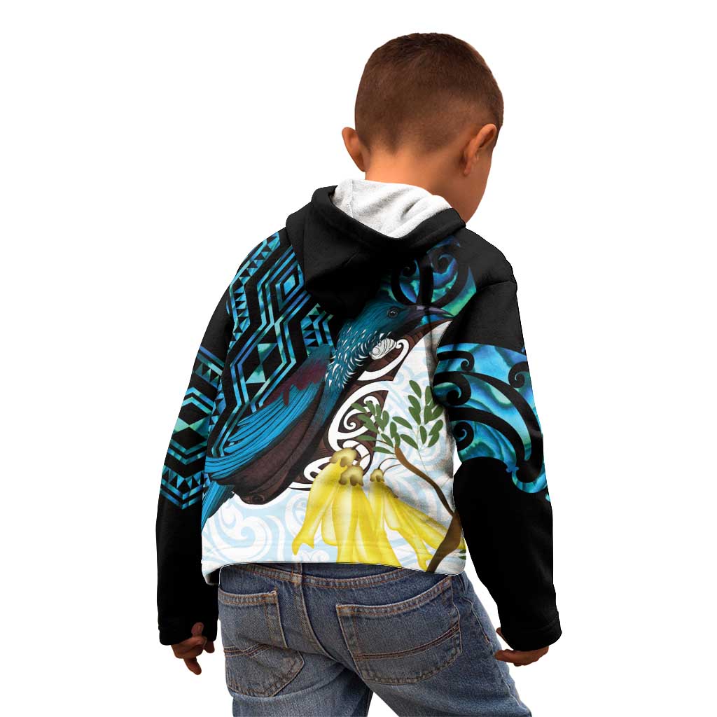 New Zealand Silver Fern Tui Bird Kid Hoodie Maori Kowhai Paua Shell Taniko Motifs