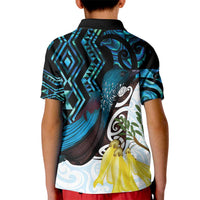 New Zealand Silver Fern Tui Bird Kid Polo Shirt Maori Kowhai Paua Shell Taniko Motifs LT14 - Polynesian Pride
