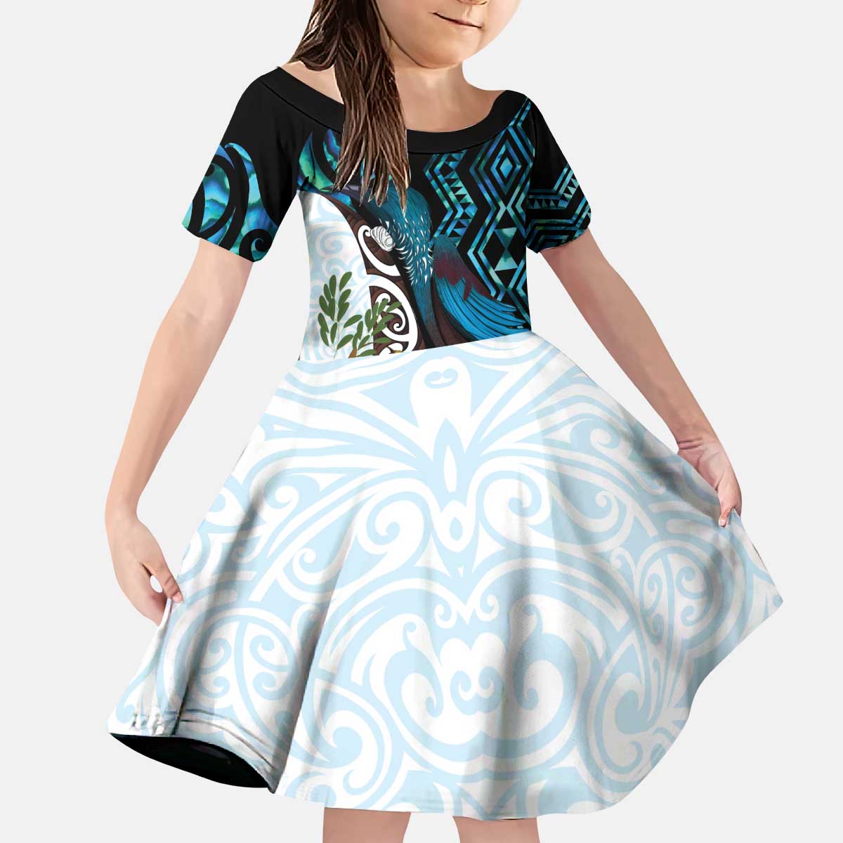 New Zealand Silver Fern Tui Bird Kid Short Sleeve Dress Maori Kowhai Paua Shell Taniko Motifs