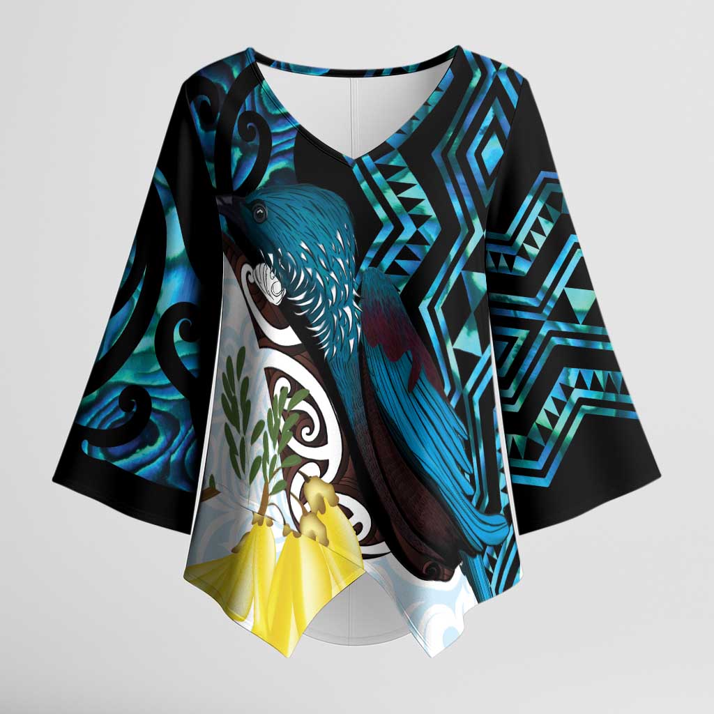 New Zealand Silver Fern Tui Bird Kimono Sleeve Blouse Maori Kowhai Paua Shell Taniko Motifs - Polynesian Pride