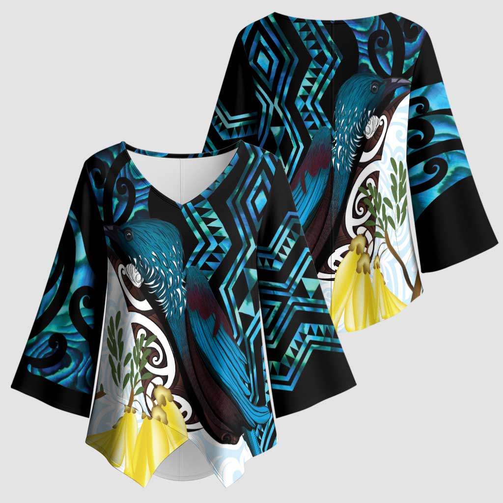 New Zealand Silver Fern Tui Bird Kimono Sleeve Blouse Maori Kowhai Paua Shell Taniko Motifs - Polynesian Pride