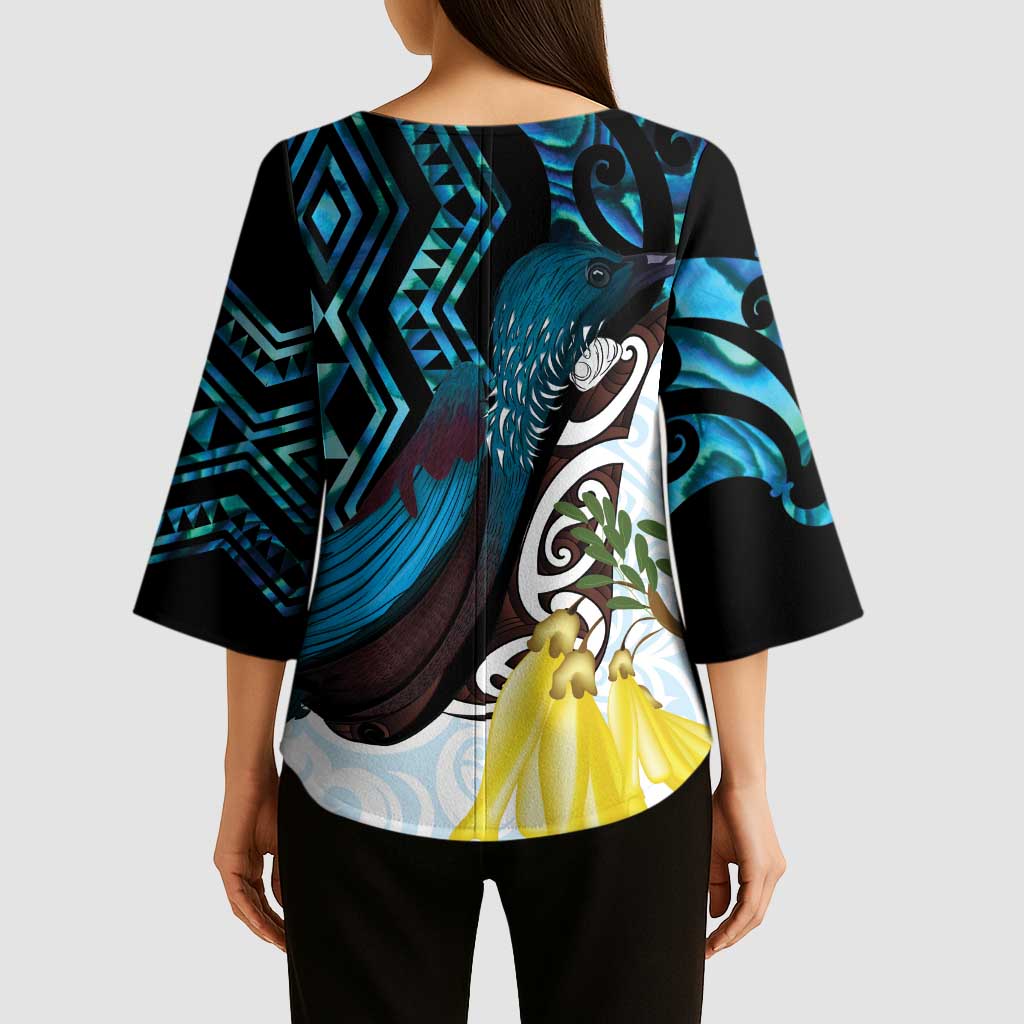 New Zealand Silver Fern Tui Bird Kimono Sleeve Blouse Maori Kowhai Paua Shell Taniko Motifs - Polynesian Pride
