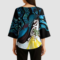 New Zealand Silver Fern Tui Bird Kimono Sleeve Blouse Maori Kowhai Paua Shell Taniko Motifs - Polynesian Pride