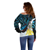 New Zealand Silver Fern Tui Bird Off Shoulder Sweater Maori Kowhai Paua Shell Taniko Motifs