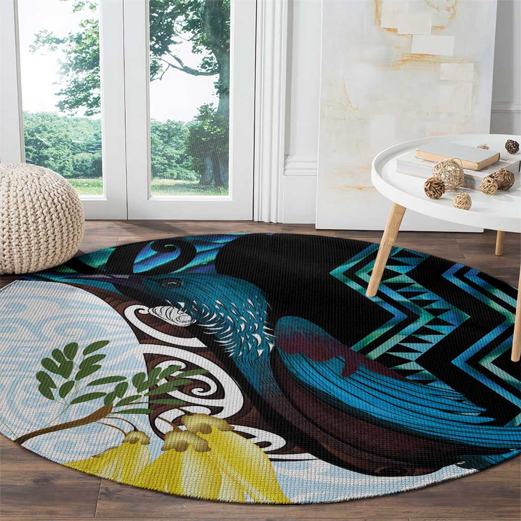 New Zealand Silver Fern Tui Bird Round Carpet Maori Kowhai Paua Shell Taniko Motifs