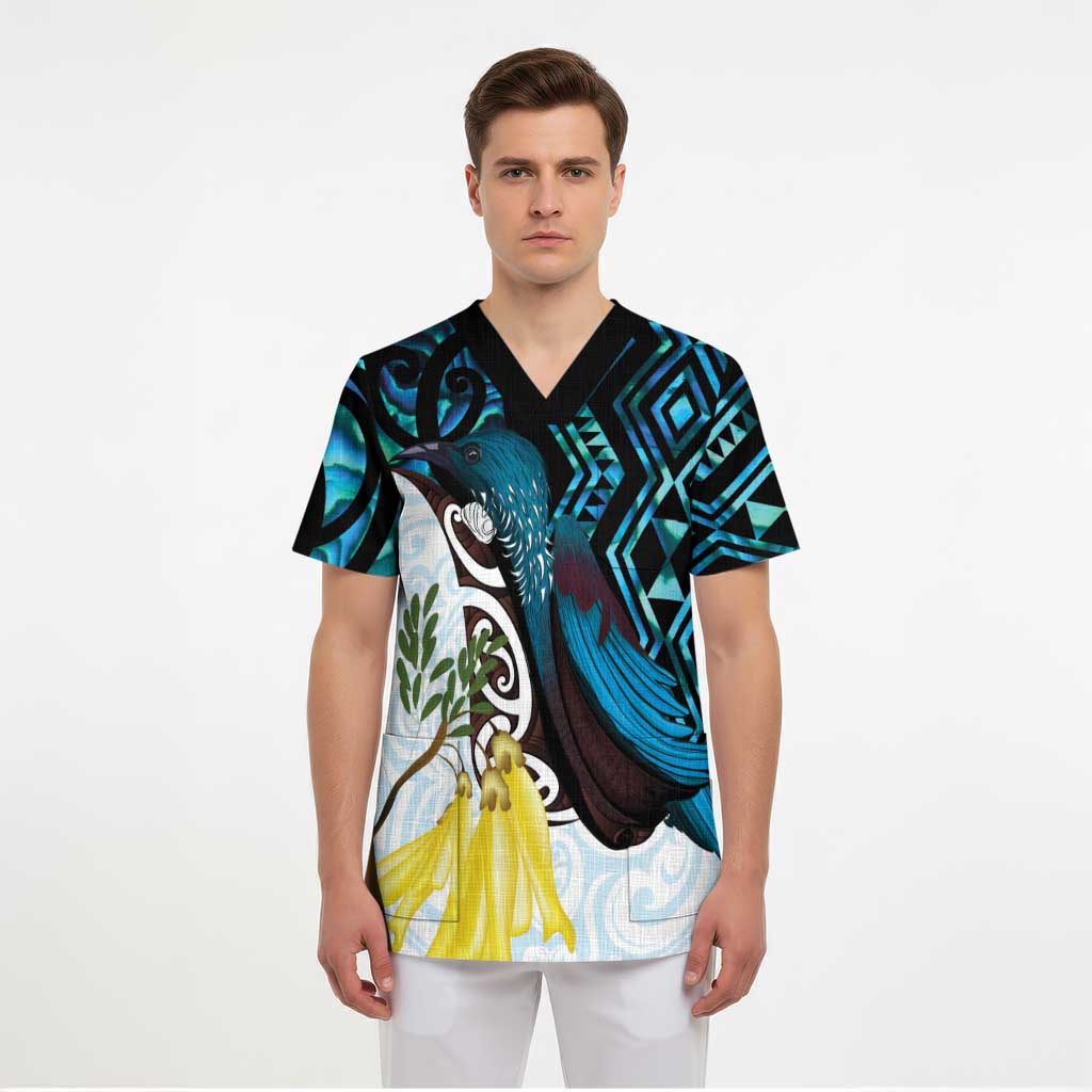 New Zealand Silver Fern Tui Bird Scrub Top Maori Kowhai Paua Shell Taniko Motifs - Polynesian Pride