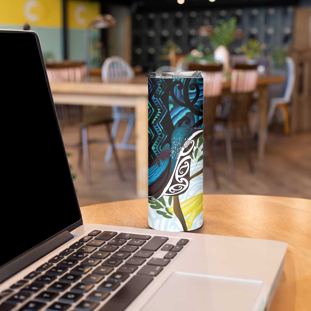 New Zealand Silver Fern Tui Bird Skinny Tumbler Maori Kowhai Paua Shell Taniko Motifs LT14 - Polynesian Pride