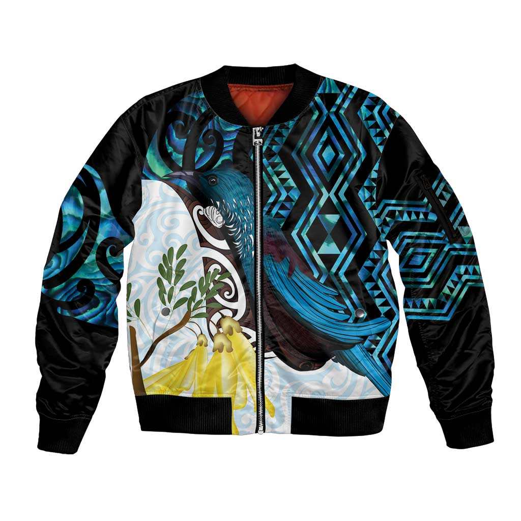 New Zealand Silver Fern Tui Bird Sleeve Zip Bomber Jacket Maori Kowhai Paua Shell Taniko Motifs LT14 Unisex Turquoise - Polynesian Pride