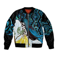 New Zealand Silver Fern Tui Bird Sleeve Zip Bomber Jacket Maori Kowhai Paua Shell Taniko Motifs LT14 Unisex Turquoise - Polynesian Pride