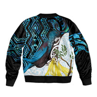 New Zealand Silver Fern Tui Bird Sleeve Zip Bomber Jacket Maori Kowhai Paua Shell Taniko Motifs LT14 - Polynesian Pride