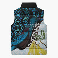 New Zealand Silver Fern Tui Bird Sleeveless Puffer Jacket Maori Kowhai Paua Shell Taniko Motifs - Polynesian Pride