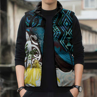 New Zealand Silver Fern Tui Bird Sleeveless Puffer Jacket Maori Kowhai Paua Shell Taniko Motifs - Polynesian Pride
