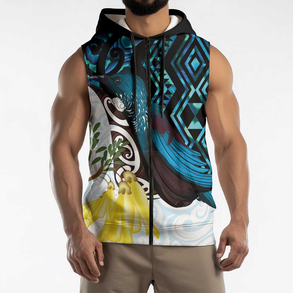 New Zealand Silver Fern Tui Bird Sleeveless Zip Hoodie Maori Kowhai Paua Shell Taniko Motifs LT14 - Polynesian Pride