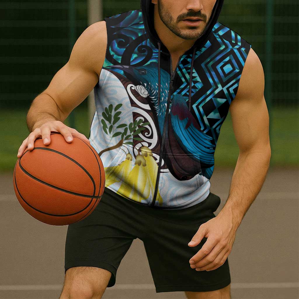 New Zealand Silver Fern Tui Bird Sleeveless Zip Hoodie Maori Kowhai Paua Shell Taniko Motifs LT14 - Polynesian Pride