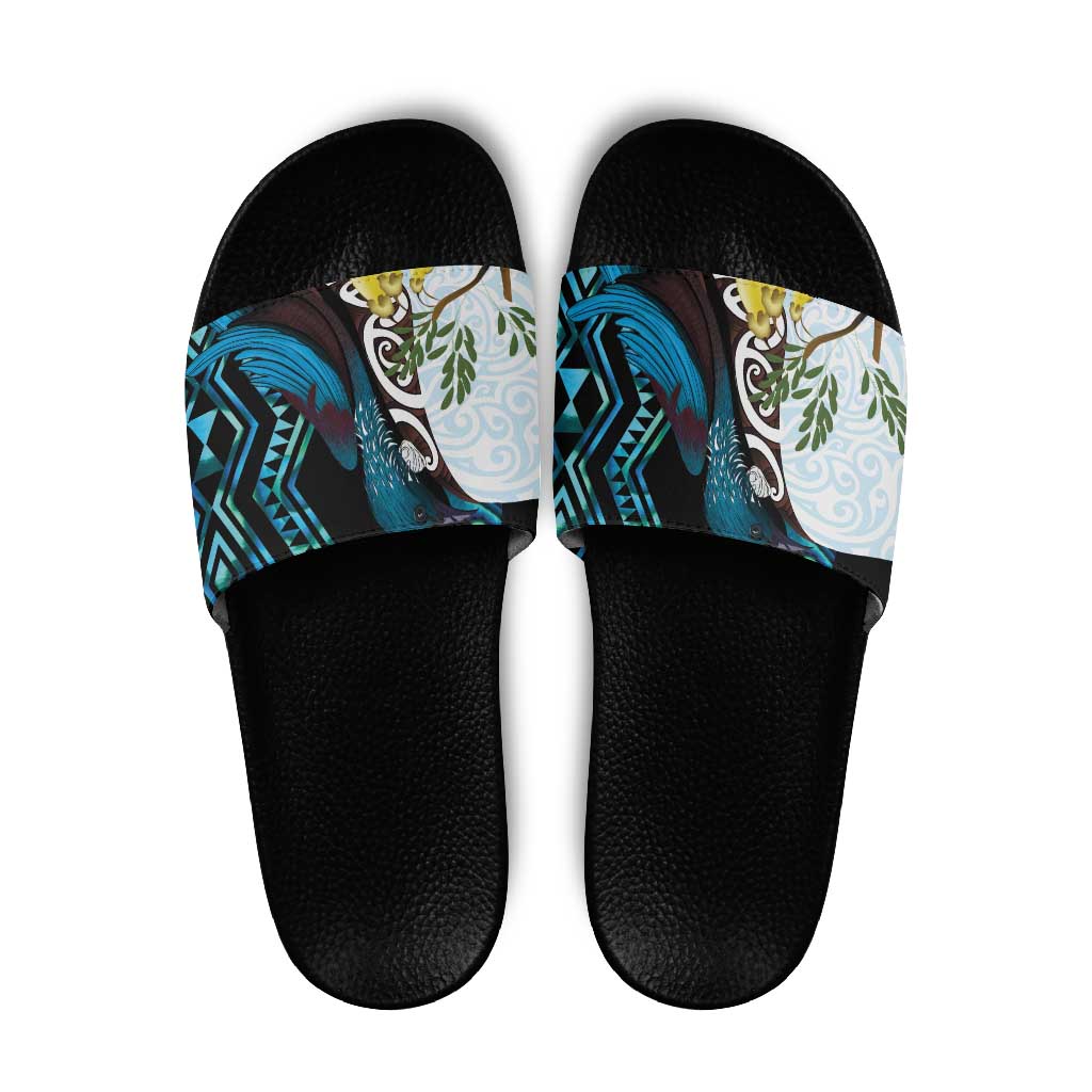 New Zealand Silver Fern Tui Bird Slide Sandals Maori Kowhai Paua Shell Taniko Motifs - Polynesian Pride