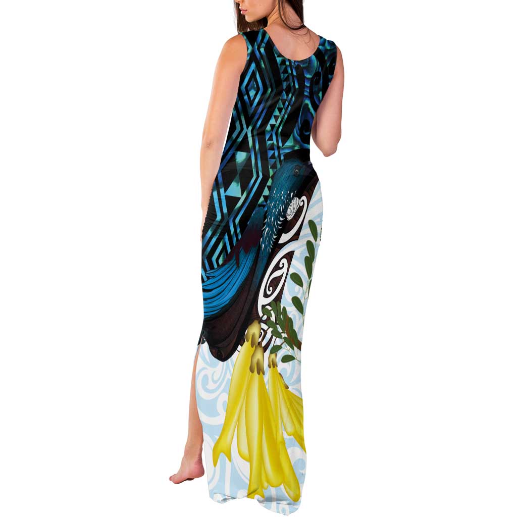New Zealand Silver Fern Tui Bird Tank Maxi Dress Maori Kowhai Paua Shell Taniko Motifs