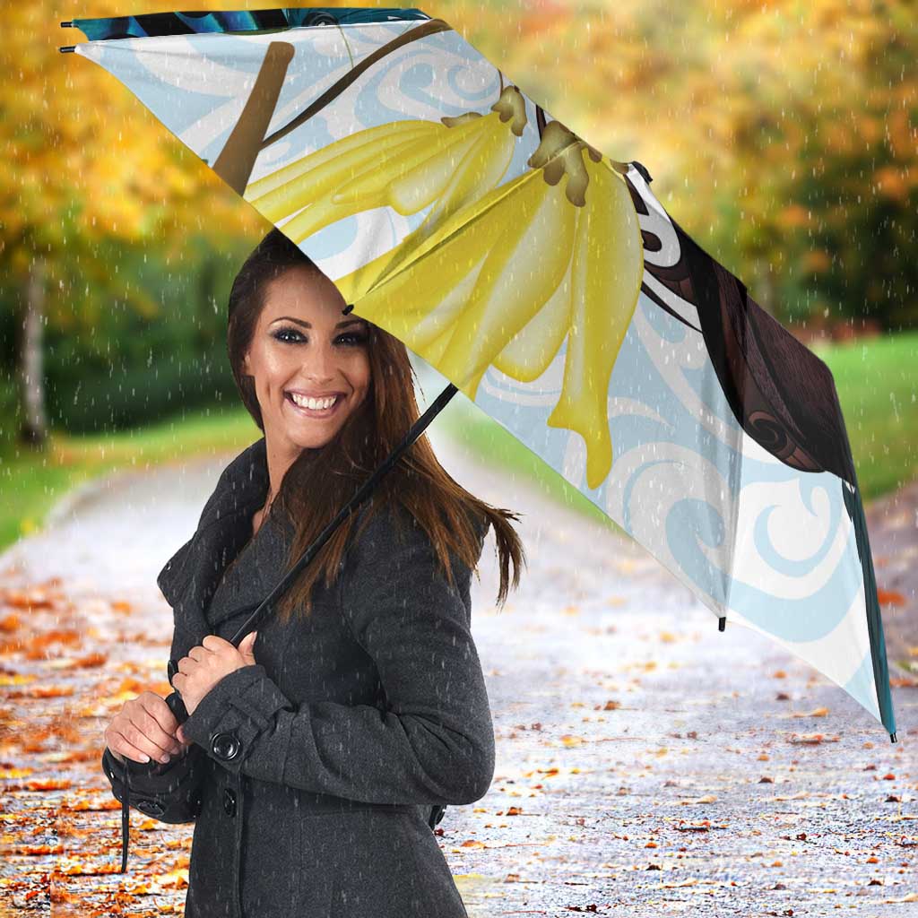 New Zealand Silver Fern Tui Bird Umbrella Maori Kowhai Paua Shell Taniko Motifs - Polynesian Pride