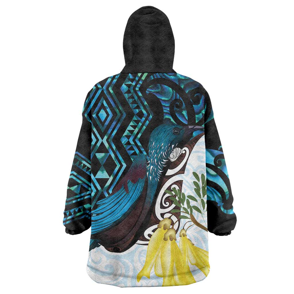 New Zealand Silver Fern Tui Bird Wearable Blanket Hoodie Maori Kowhai Paua Shell Taniko Motifs