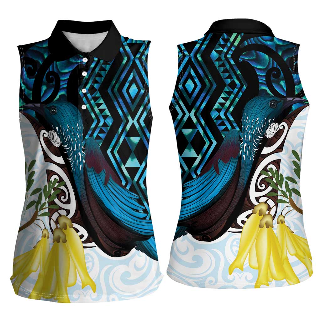 New Zealand Silver Fern Tui Bird Women Sleeveless Polo Shirt Maori Kowhai Paua Shell Taniko Motifs