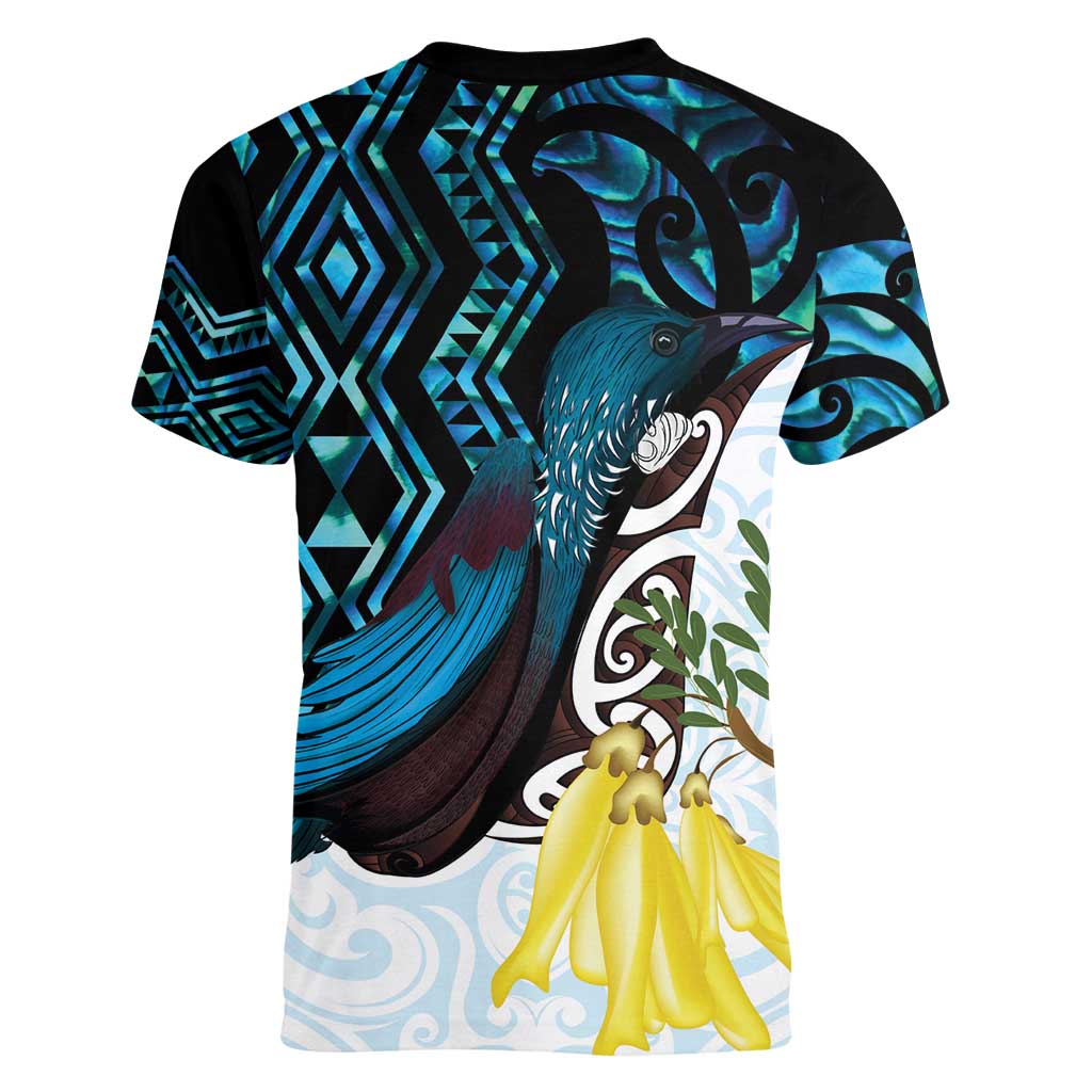 New Zealand Silver Fern Tui Bird Women V-Neck T-Shirt Maori Kowhai Paua Shell Taniko Motifs LT14 - Polynesian Pride