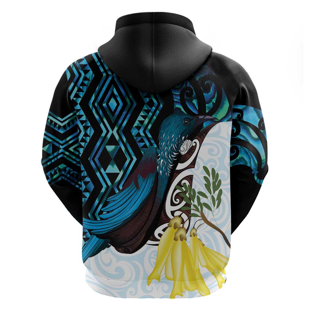 New Zealand Silver Fern Tui Bird Zip Hoodie Maori Kowhai Paua Shell Taniko Motifs