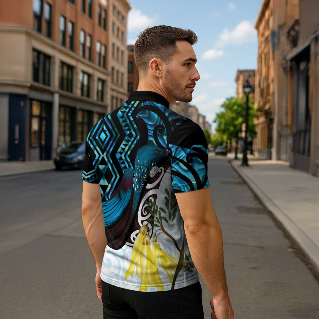 New Zealand Silver Fern Tui Bird Zipper Polo Shirt Maori Kowhai Paua Shell Taniko Motifs - Polynesian Pride