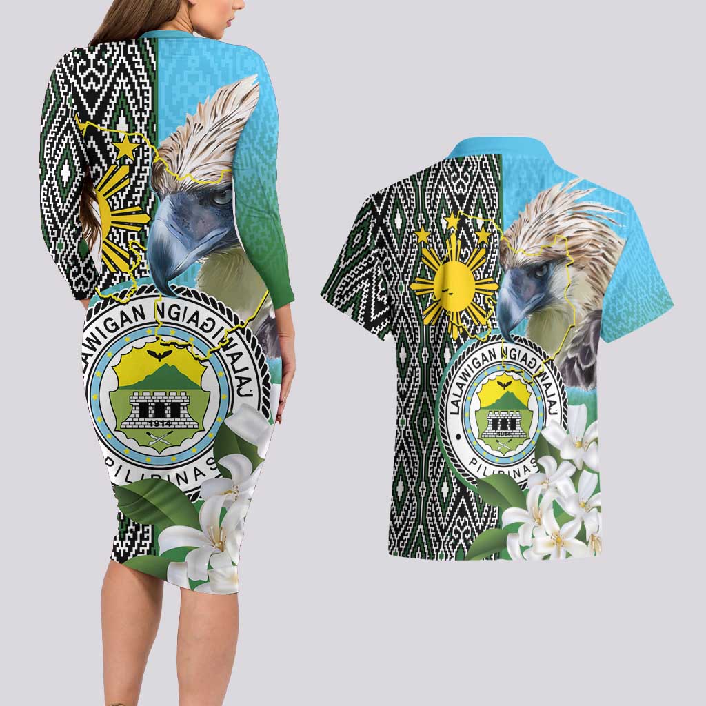 Cotabato Philippines Province Couples Matching Long Sleeve Bodycon Dress and Hawaiian Shirt Filipino Eagle Sampaguita Tinalak Pattern