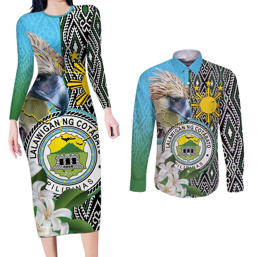 Cotabato Philippines Province Couples Matching Long Sleeve Bodycon Dress and Long Sleeve Button Shirt Filipino Eagle Sampaguita Tinalak Pattern LT14 Blue - Polynesian Pride