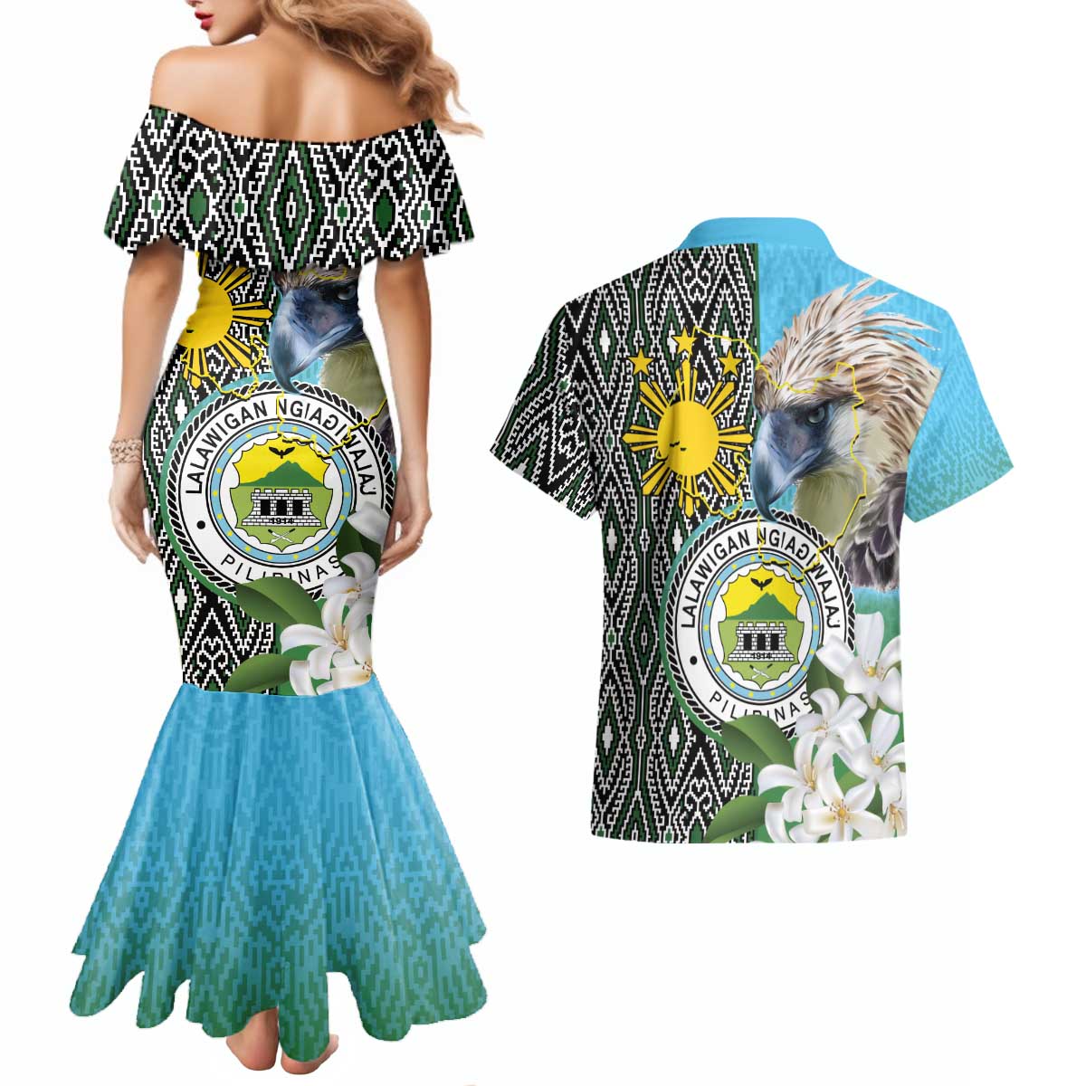 Cotabato Philippines Province Couples Matching Mermaid Dress and Hawaiian Shirt Filipino Eagle Sampaguita Tinalak Pattern LT14 - Polynesian Pride