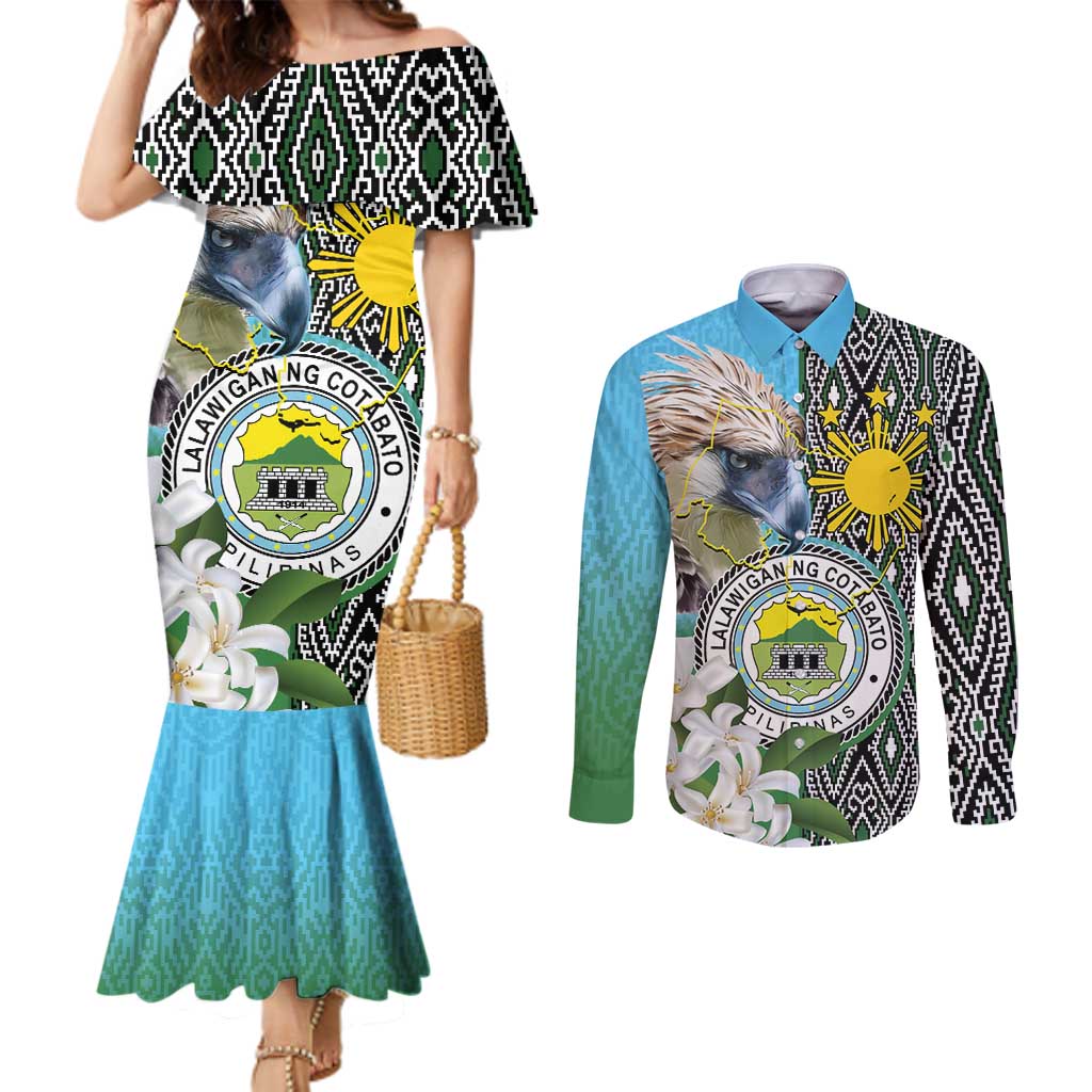 Cotabato Philippines Province Couples Matching Mermaid Dress and Long Sleeve Button Shirt Filipino Eagle Sampaguita Tinalak Pattern