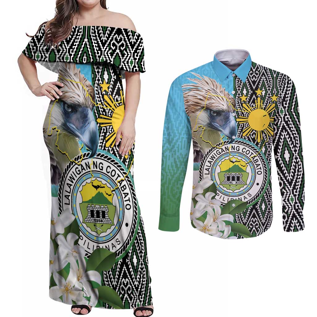 Cotabato Philippines Province Couples Matching Off Shoulder Maxi Dress and Long Sleeve Button Shirt Filipino Eagle Sampaguita Tinalak Pattern LT14 Blue - Polynesian Pride