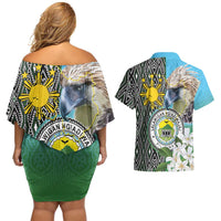 Cotabato Philippines Province Couples Matching Off Shoulder Short Dress and Hawaiian Shirt Filipino Eagle Sampaguita Tinalak Pattern