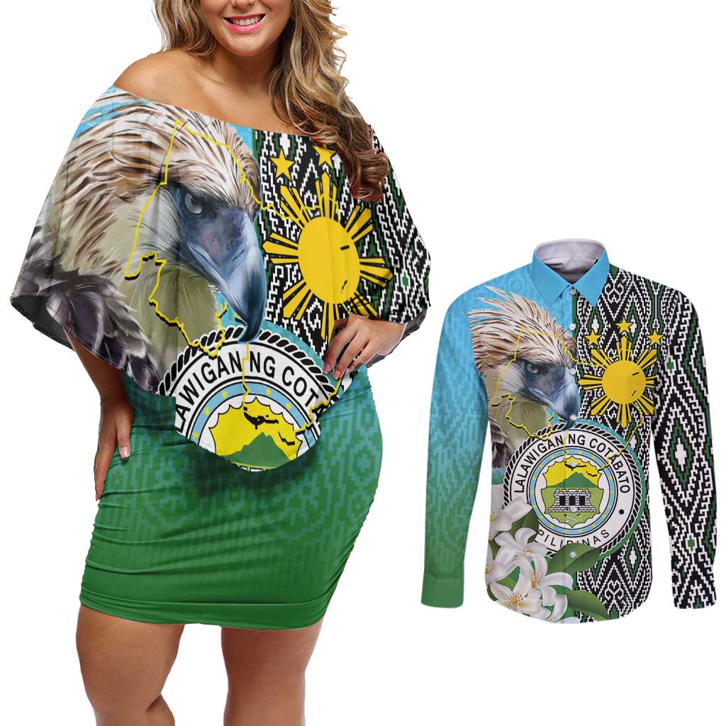 Cotabato Philippines Province Couples Matching Off Shoulder Short Dress and Long Sleeve Button Shirt Filipino Eagle Sampaguita Tinalak Pattern LT14 Blue - Polynesian Pride