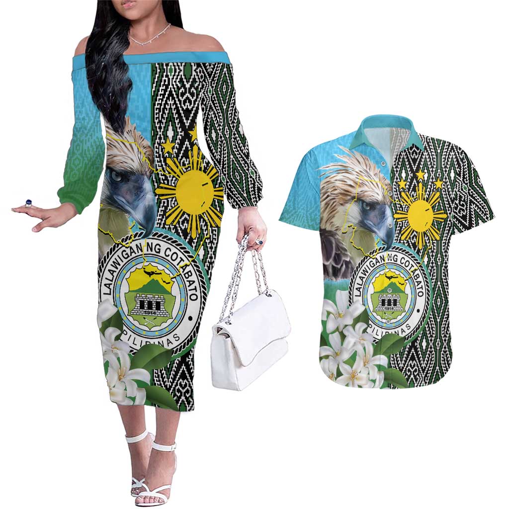Cotabato Philippines Province Couples Matching Off The Shoulder Long Sleeve Dress and Hawaiian Shirt Filipino Eagle Sampaguita Tinalak Pattern