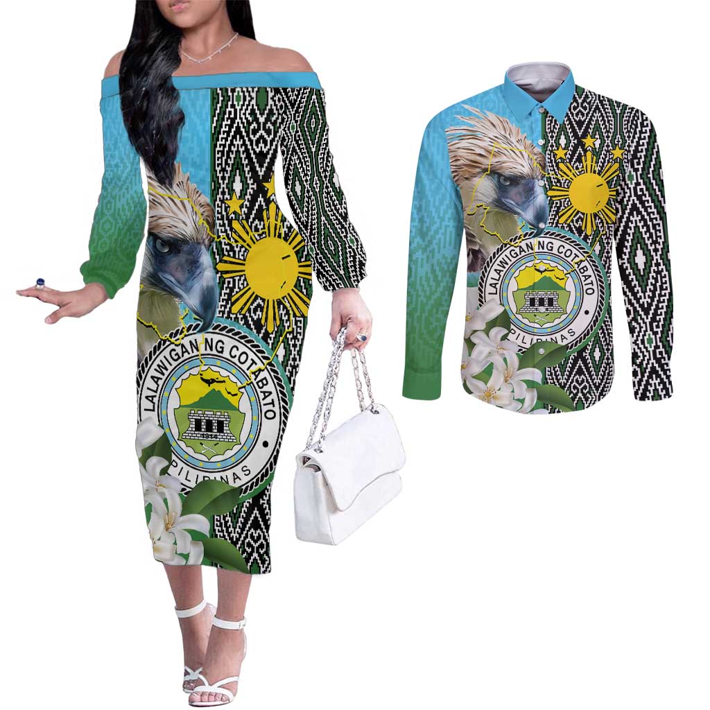 Cotabato Philippines Province Couples Matching Off The Shoulder Long Sleeve Dress and Long Sleeve Button Shirt Filipino Eagle Sampaguita Tinalak Pattern LT14 Blue - Polynesian Pride