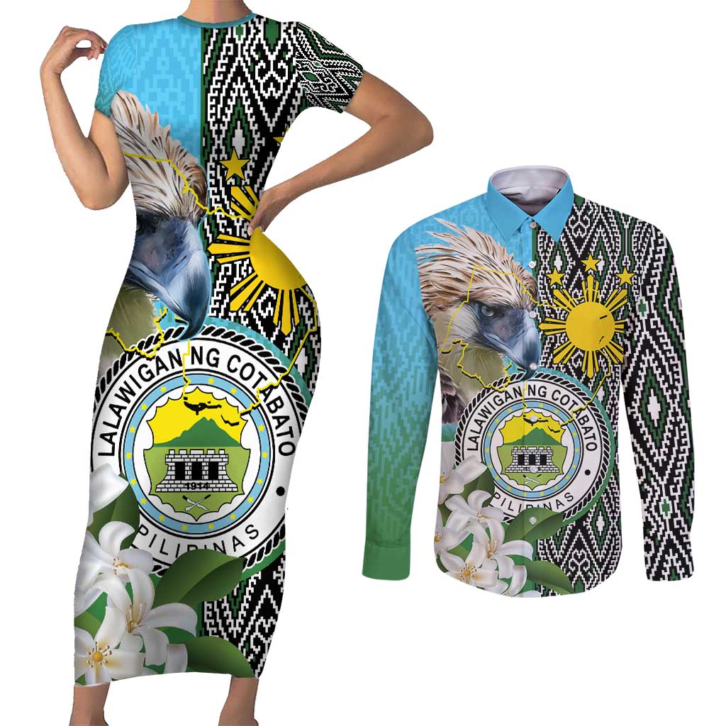 Cotabato Philippines Province Couples Matching Short Sleeve Bodycon Dress and Long Sleeve Button Shirt Filipino Eagle Sampaguita Tinalak Pattern LT14 Blue - Polynesian Pride