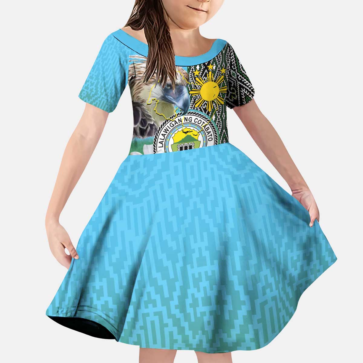 Cotabato Philippines Province Kid Short Sleeve Dress Filipino Eagle Sampaguita Tinalak Pattern