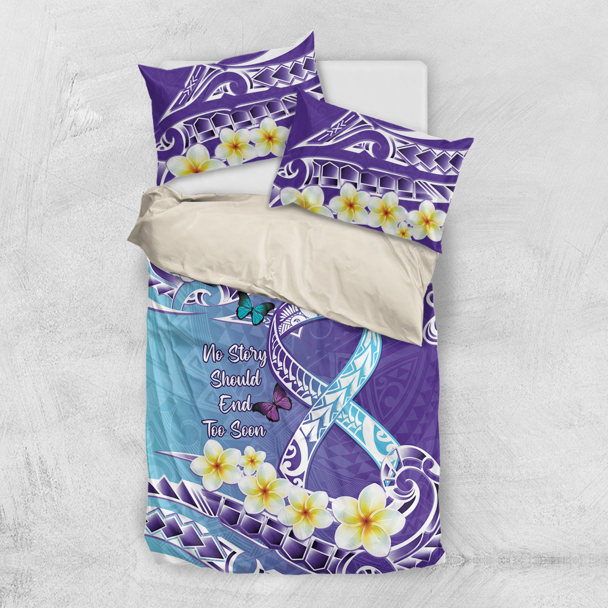 No Story Should End Too Soon Suicide Awareness Bedding Set Purple And Teal Polynesian Ribbon