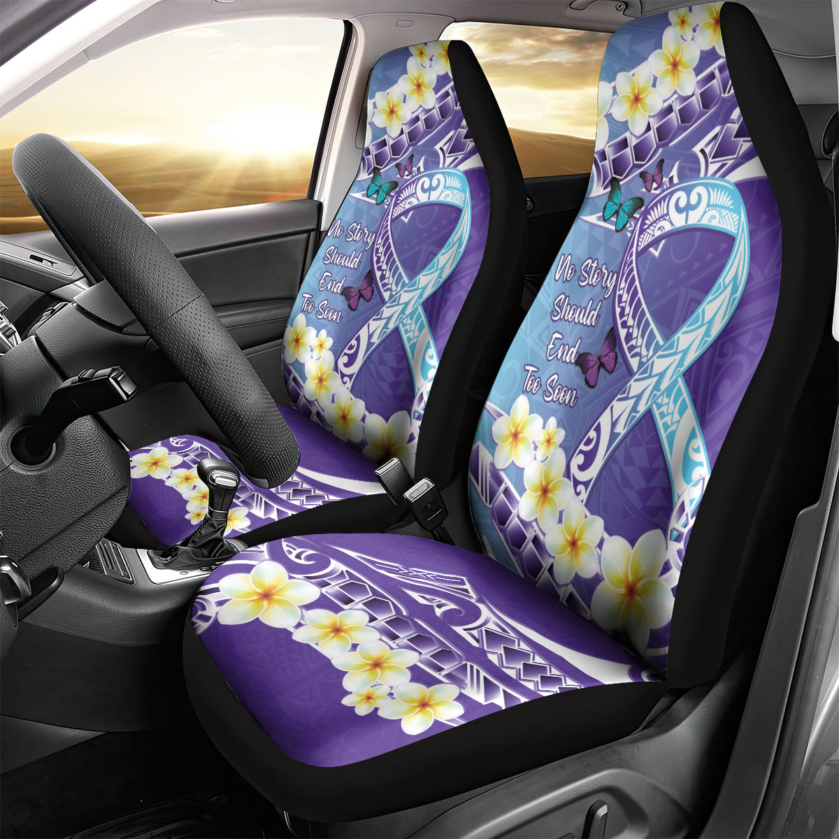 No Story Should End Too Soon Suicide Awareness Car Seat Cover Purple And Teal Polynesian Ribbon