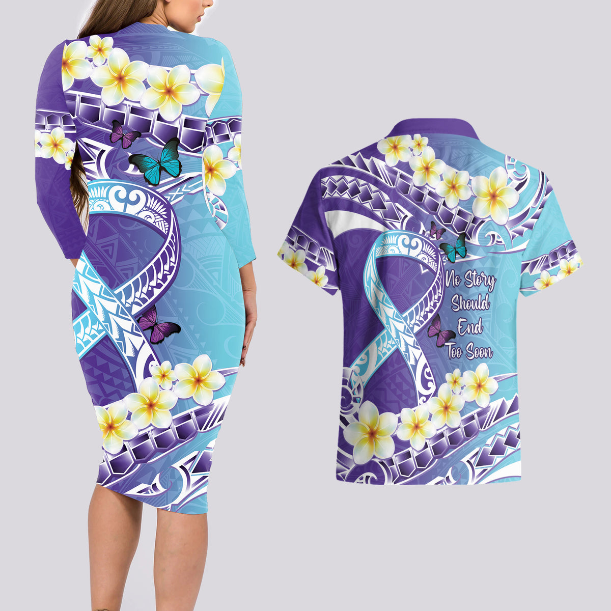 No Story Should End Too Soon Suicide Awareness Couples Matching Long Sleeve Bodycon Dress and Hawaiian Shirt Purple And Teal Polynesian Ribbon