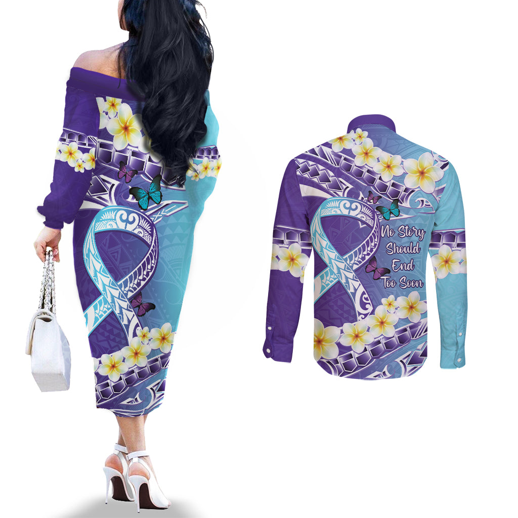 No Story Should End Too Soon Suicide Awareness Couples Matching Off The Shoulder Long Sleeve Dress and Long Sleeve Button Shirt Purple And Teal Polynesian Ribbon