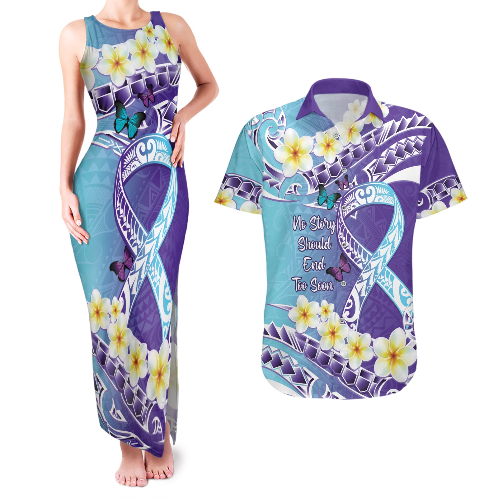 No Story Should End Too Soon Suicide Awareness Couples Matching Tank Maxi Dress and Hawaiian Shirt Purple And Teal Polynesian Ribbon
